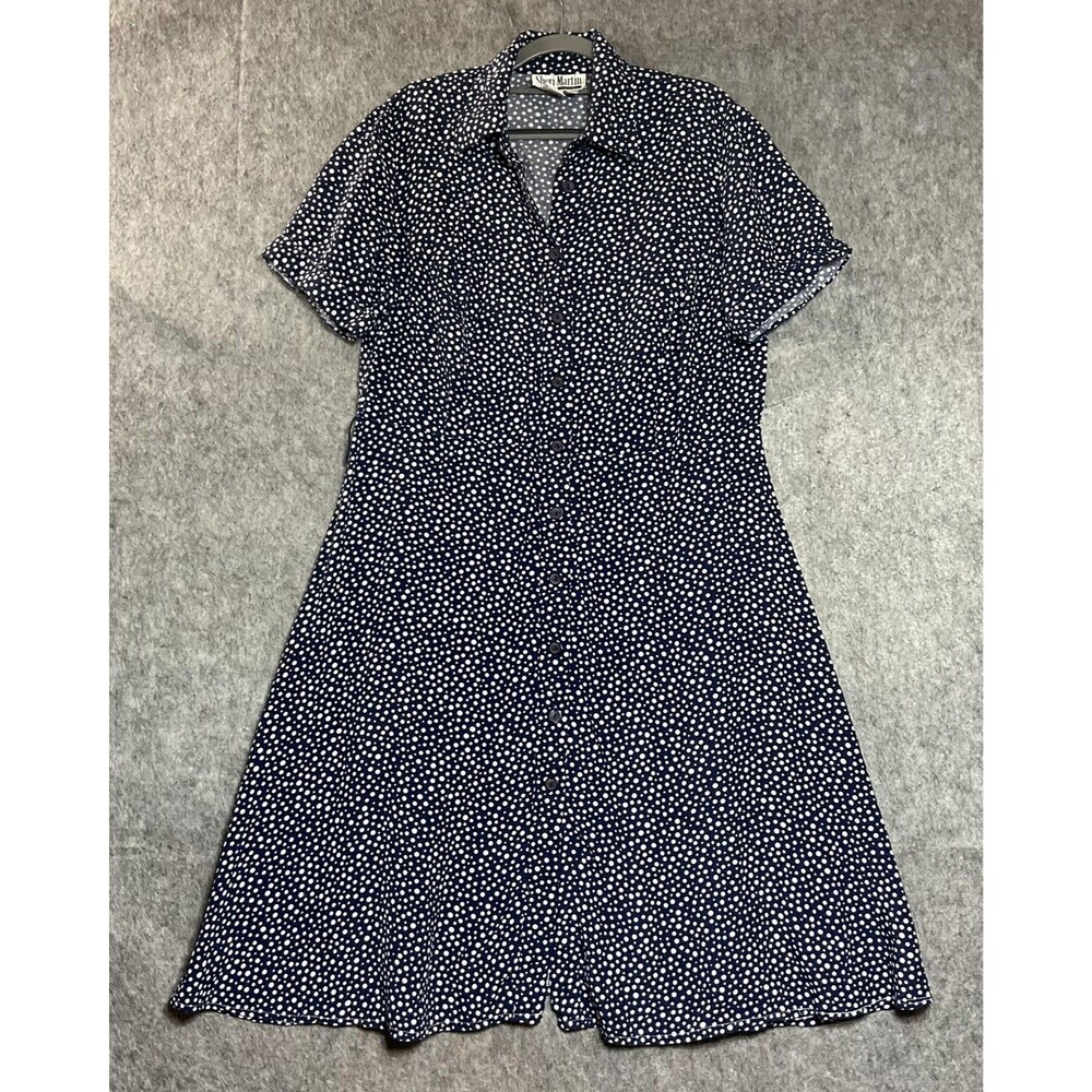 Sheri Martin Dress Womens Plus 14W Blue Polka Dot Midi Shirt Dress Rayon Capsule